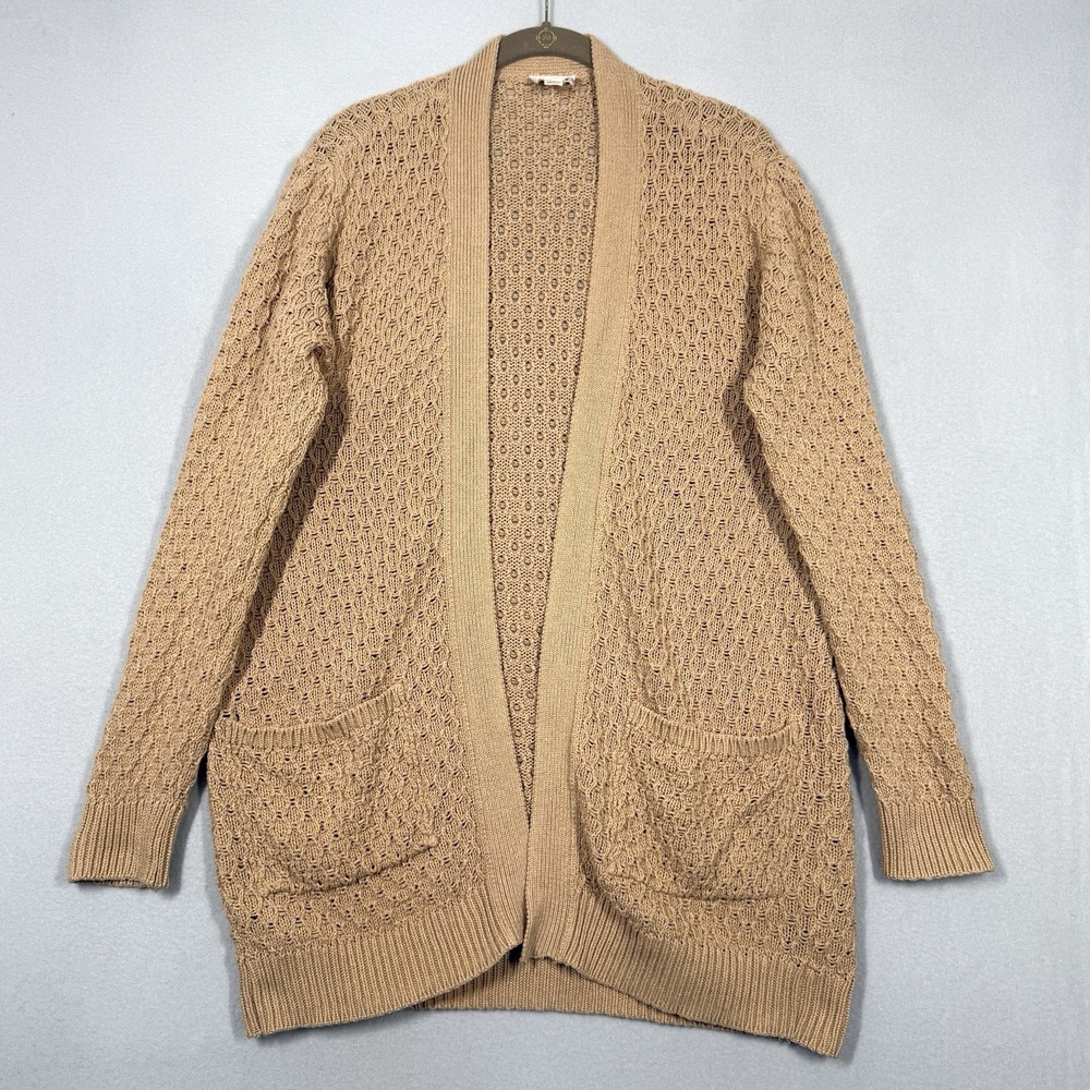 Pact Organic Sweater Womens XS S‎ Lattice Knit Long Cardigan Open Front Pockets